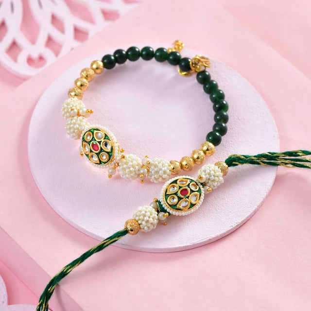 Elegant Golden Green Bhaiya Bhabhi Rakhi With Luxury Lidt Truffle