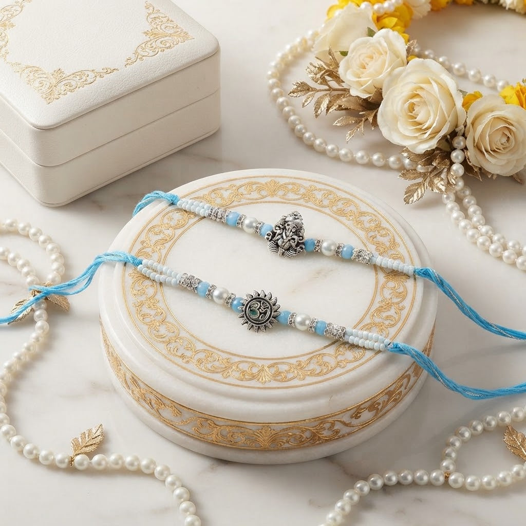 Sacred Ganesha & Surya Rakhi Set With Kaju Katli