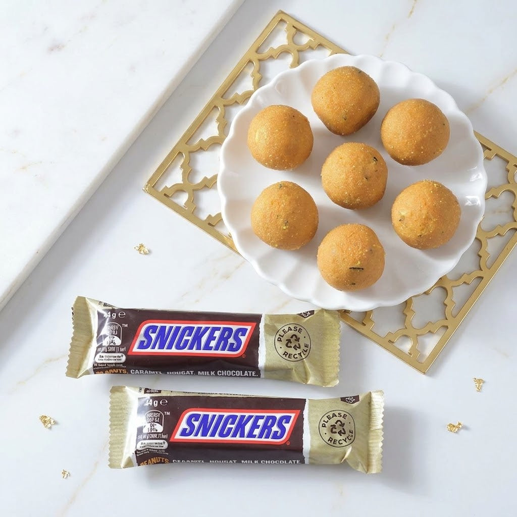 Emerald Bloom Rakhi With Besan Laddu & Snickers Chocolate