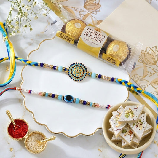 Royal Raja Rani Rakhi set With Ferrero Rocher & Almond Barfi