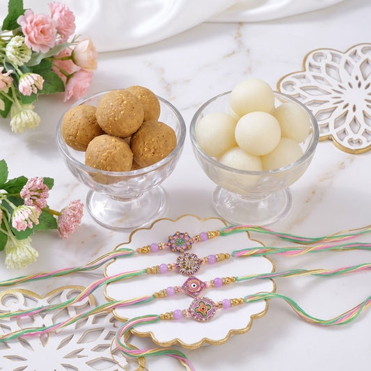 4 Piece Beautiful Festive Rakhi With Besan Laddu & Rasgulla