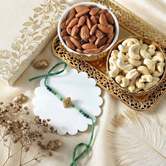 Blessed Golden Mantra Rakhi with Assorted Nuts