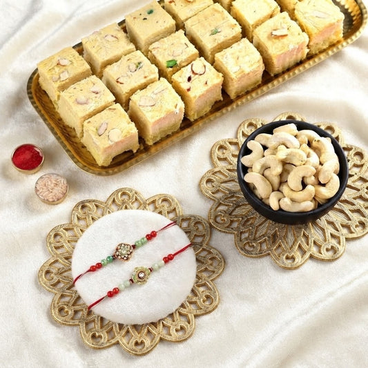 Emerald Bloom Rakhi With Soan Papdi & Cashew Nuts