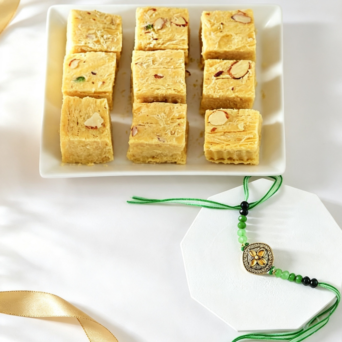 Olive Gold Royal Rakhi With Soan Papdi