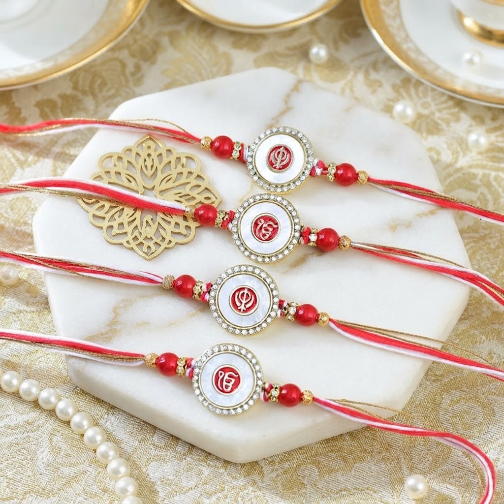 4 Piece Sacred Punjabi Rakhi Collection with Kaju Katli