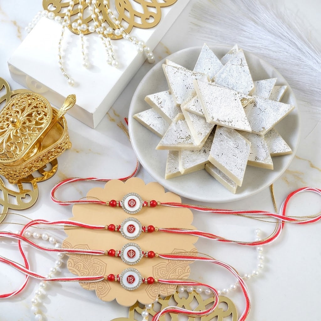 4 Piece Sacred Punjabi Rakhi Collection with Kaju Katli