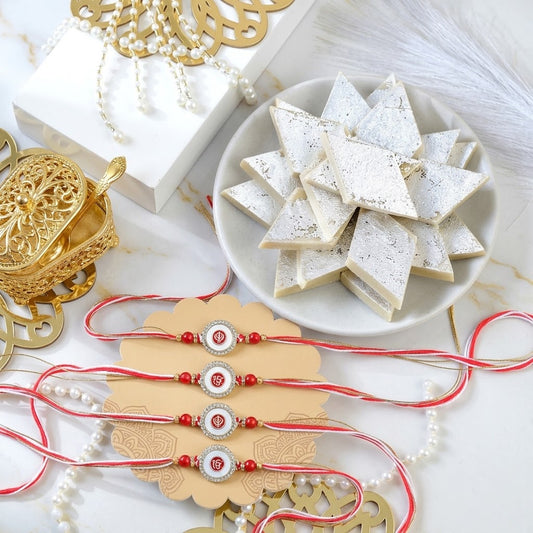 4 Piece Sacred Punjabi Rakhi Collection with Kaju Katli