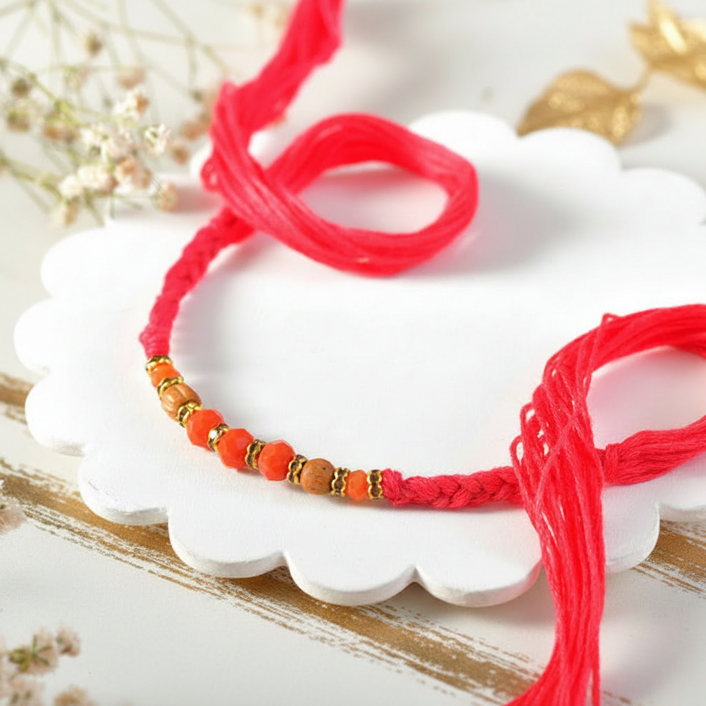 Four detailed hand-braided rakhi bracelets on a professional white and gold background
