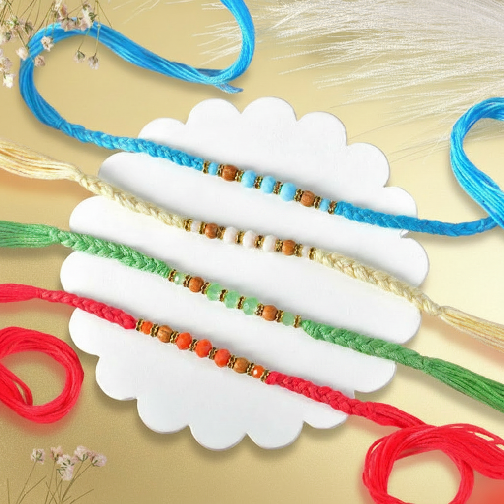 Colourful rakhi bracelets in polished white and gold product photography