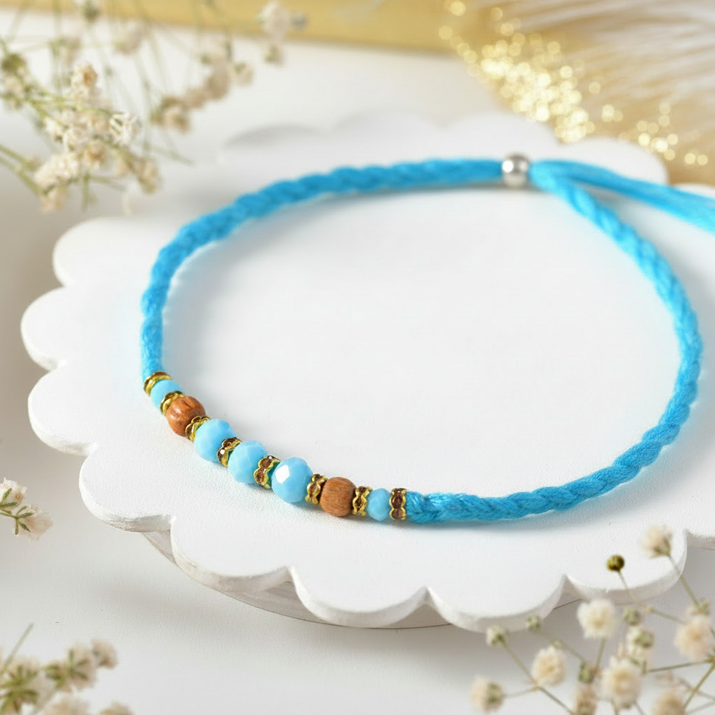 Four detailed hand-braided rakhi bracelets on a professional white and gold background