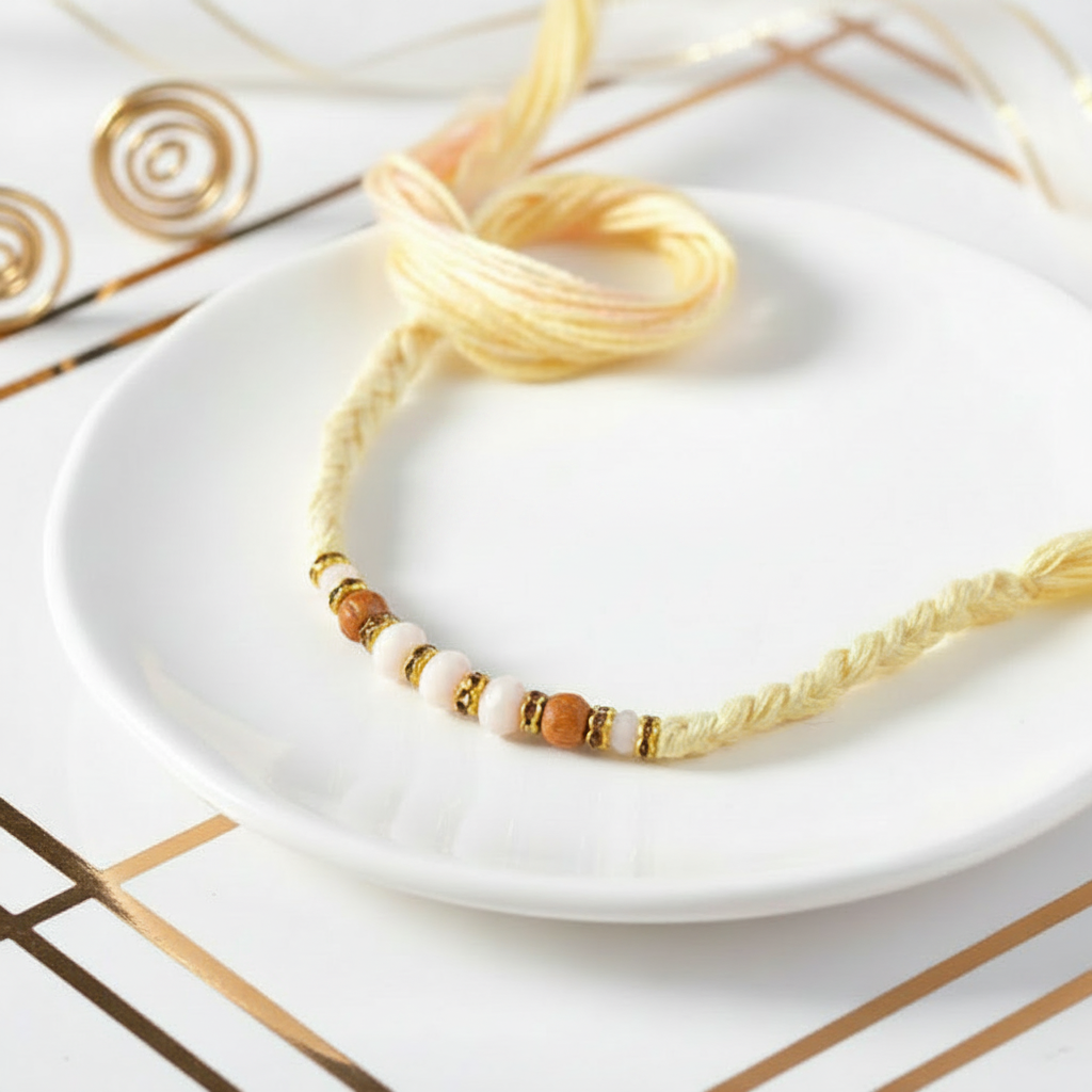 Detailed rakhi bracelets on a clean white and gold studio background