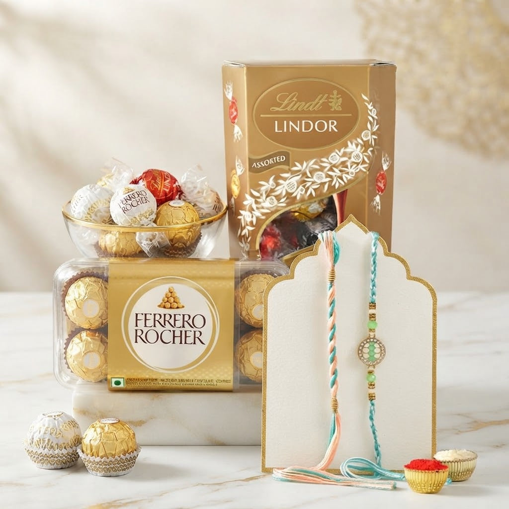 Turquoise Royale Rakhi Set With Lindt Chocolate & Ferrero Rocher