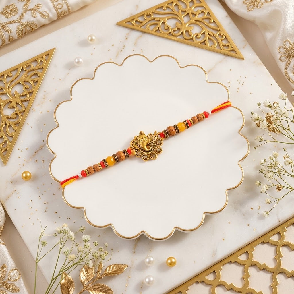 Divine Golden Ganesha Rakhi with Kaju Katli