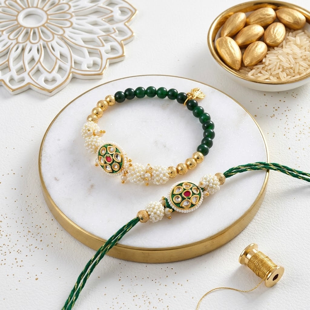 Elegant Golden Green Bhaiya Bhabhi Rakhi