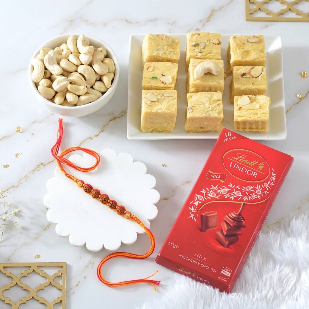 Cherished Kesariya Rudraksh Rakhi With Festive Hamper