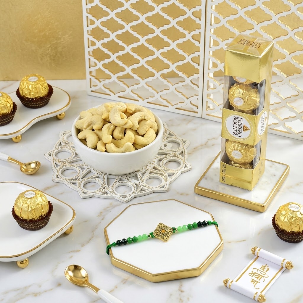 Blessed Golden Mantra Rakhi with cashews and Ferrero Rocher