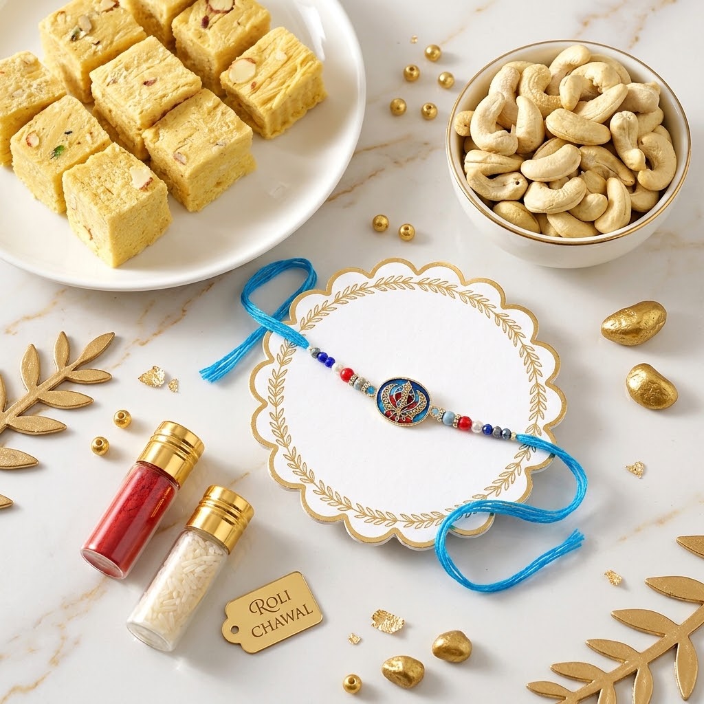 Eternal Amrit Khanda Sahib Rakhi with Sweet & Nut Hamper